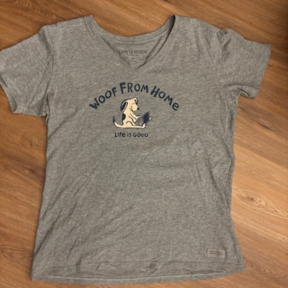 Life is Good Woof From Home Gray Short Sleeve V Neck Dog Tee Medium